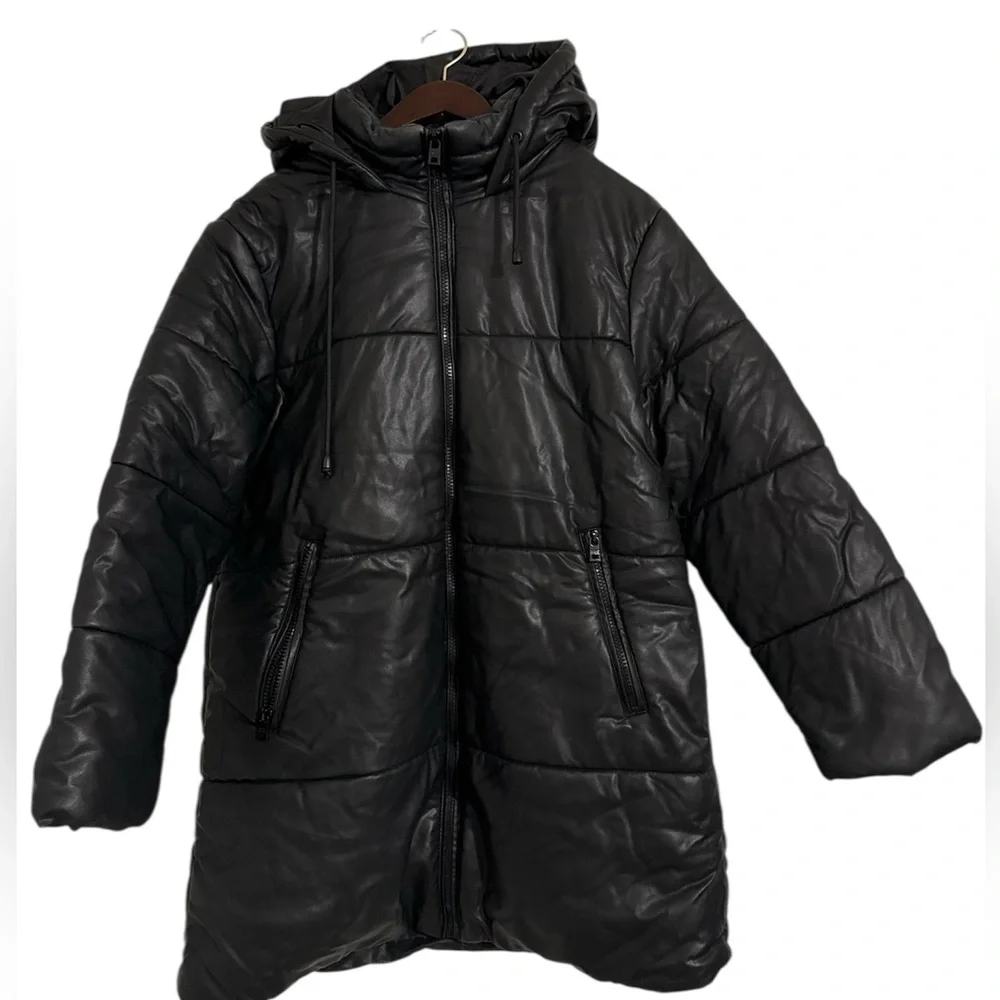 Marc by Marc Jacobs Faux Leather Puffer Jacket Mid Length Size Medium Black